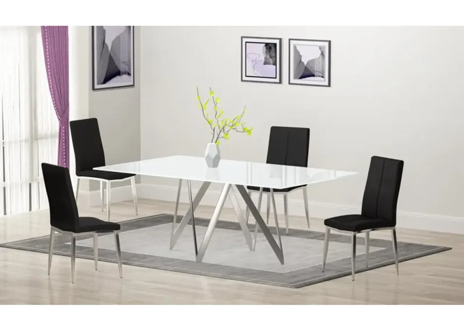 Chintaly Abigail Black Modern Dining Set with White Glass Table & 4 Chairs