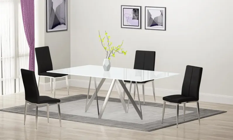 ABIGAIL BLACK MODERN DINING SET WITH WHITE GLASS TABLE & 4 CHAIRS