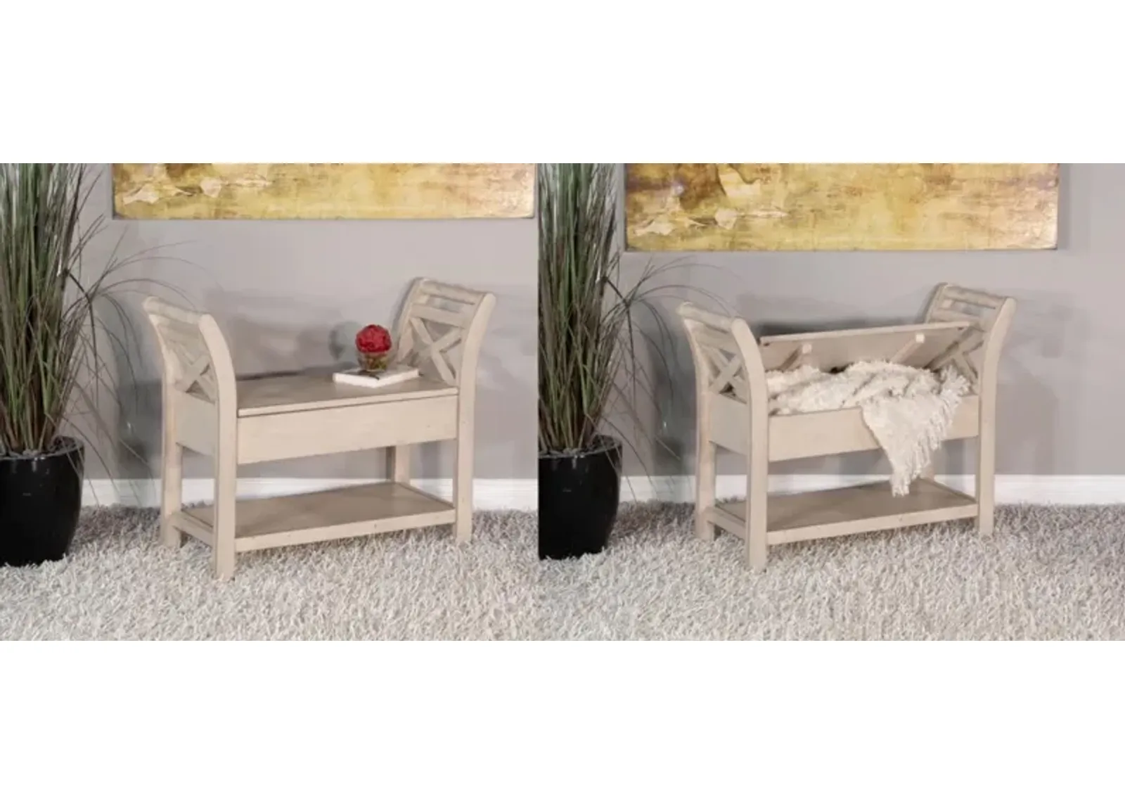 Sunny Designs Bayside Marble White Accent Bench with Storage