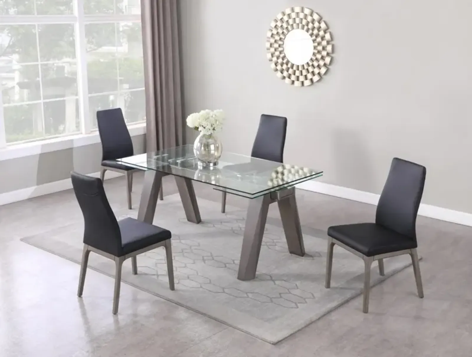 Chintaly Esther Grey/Black Modern Dining Set with Extendable Glass Table & 2-Tone Chairs