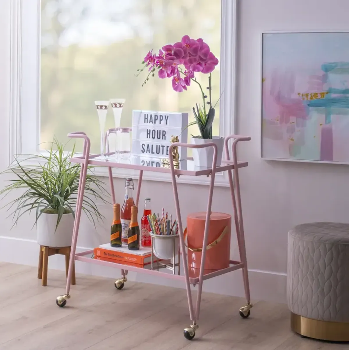 Linon Pink Mid-Century Bar Cart