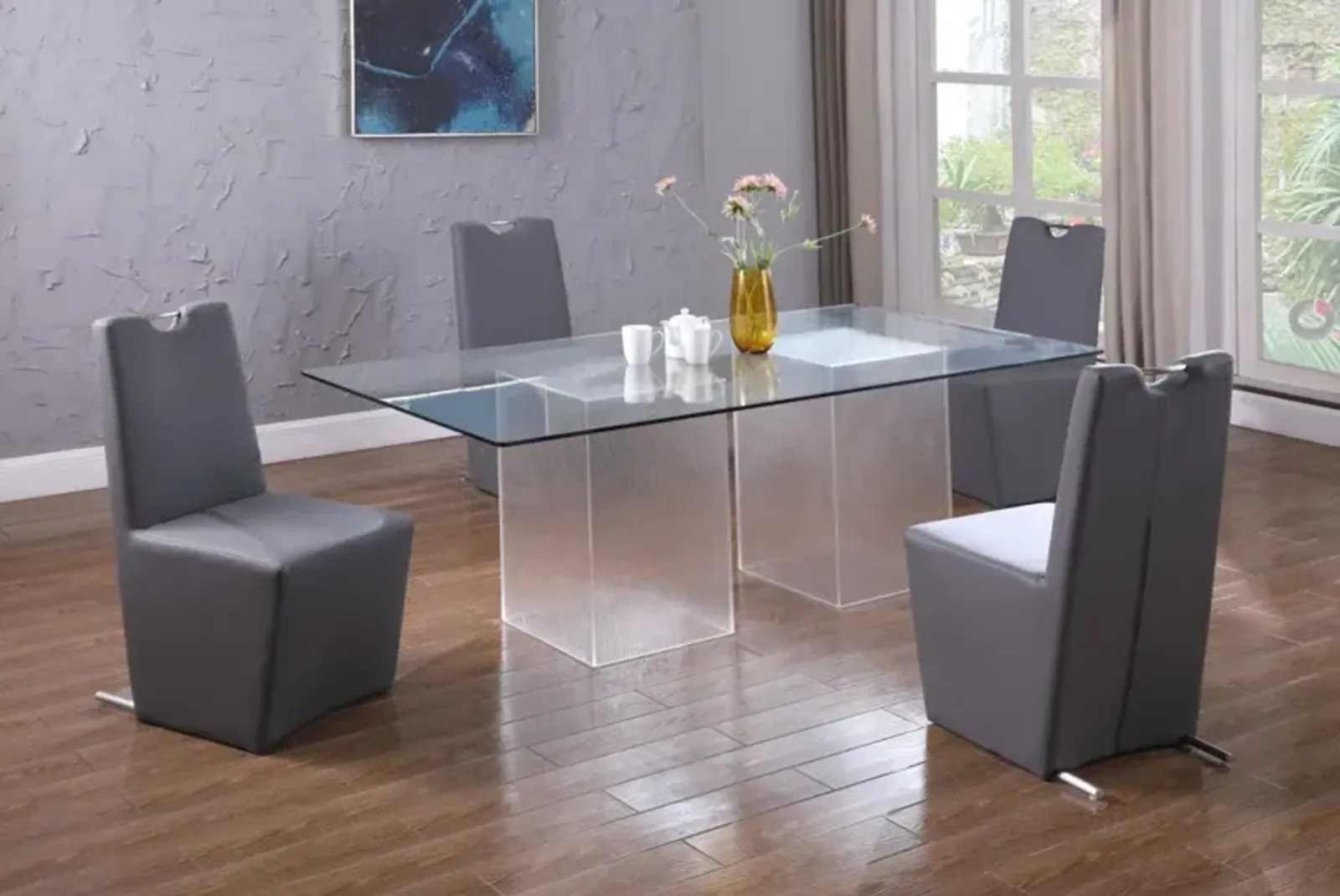 Chintaly Valerie Contemporary Dining Set with 84 Inch Rectangular Glass Table & 4 Handle Back Chairs