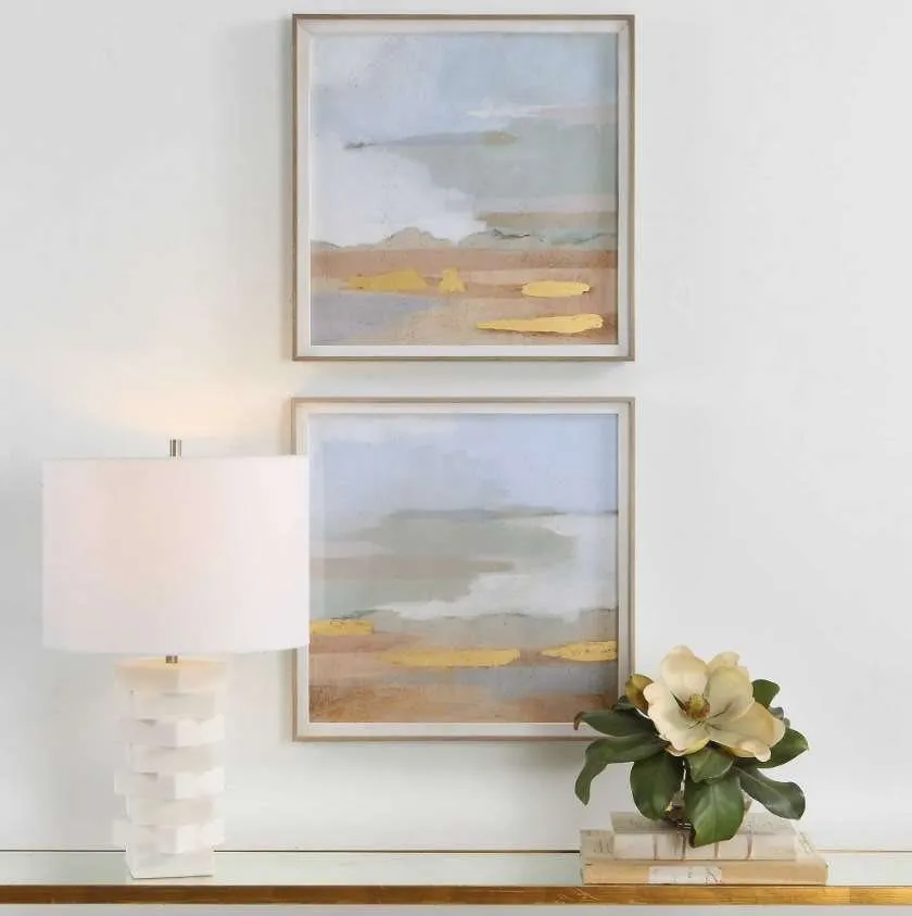 ABSTRACT COASTLINE 2-PIECE BLUE-GREEN/GRAY/LIGHT BLUE/ORANGE/YELLOW FRAMED PRINT SET