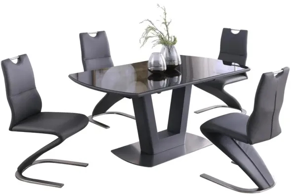 SURI CONTEMPORARY DINING SET WITH EXTENDABLE GLASS TABLE & Z-SHAPED CHAIRS