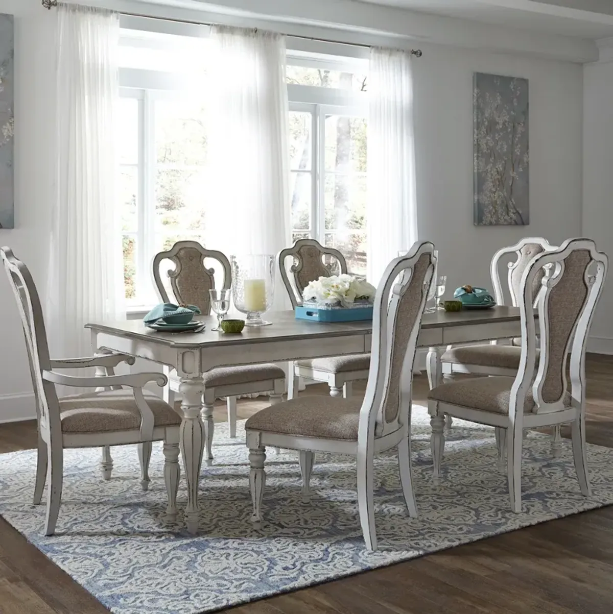 Liberty Furniture 7-Piece Antique White Weathered Bark Rectangular Dining Table Set Magnolia Manor