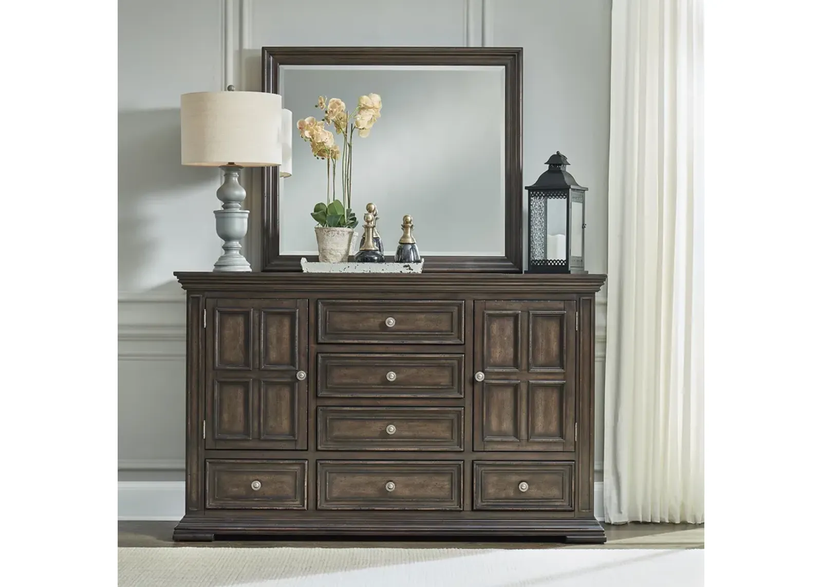 Liberty Furniture Distressed Brownstone Dresser & Mirror Set Big Valley