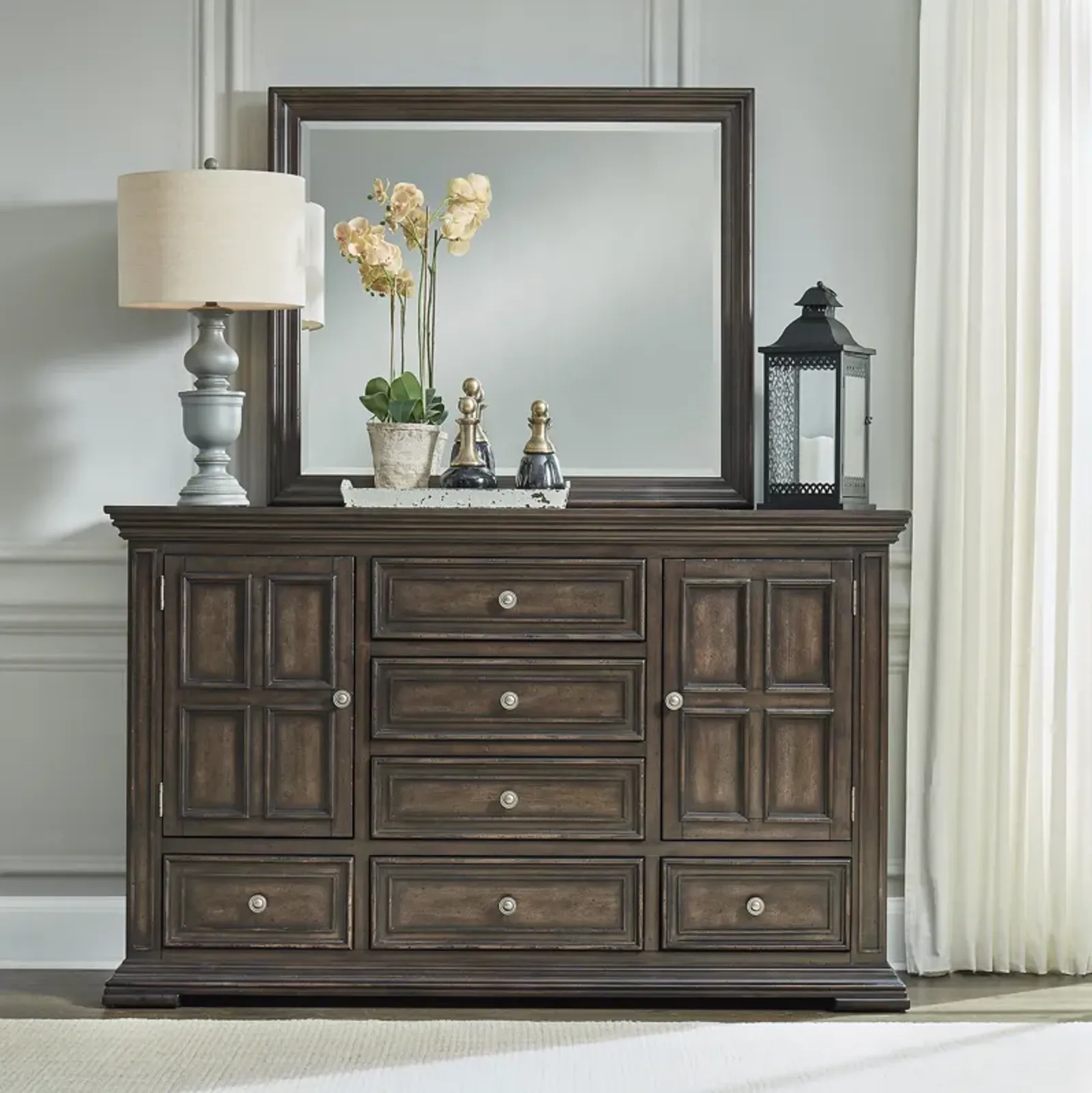 Liberty Furniture Distressed Brownstone Dresser & Mirror Set Big Valley