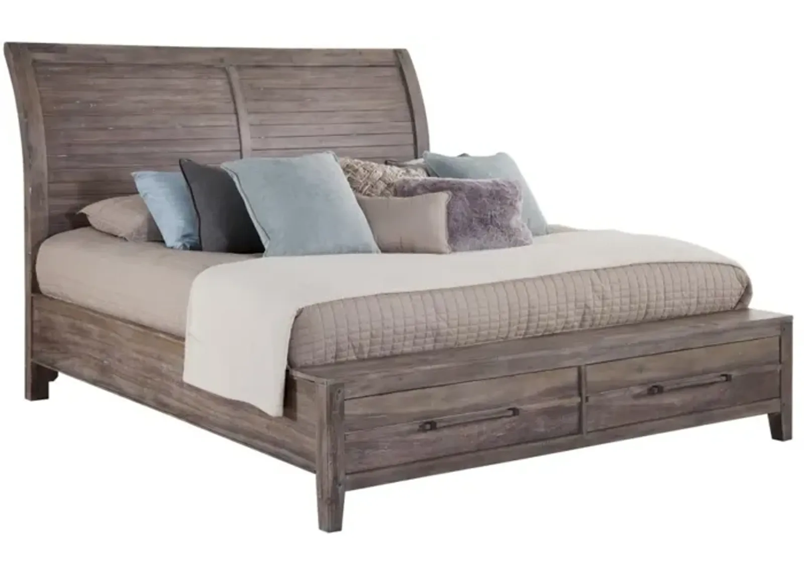 American Woodcrafters Aurora Queen Sleigh Bed with Storage Footboard in Weathered Grey