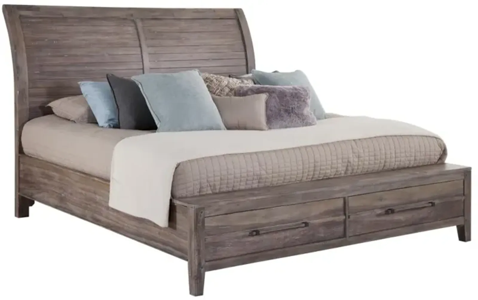 American Woodcrafters Aurora Queen Sleigh Bed with Storage Footboard in Weathered Grey