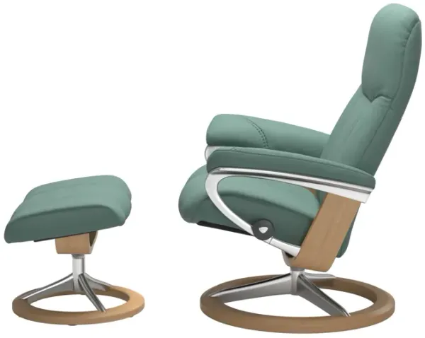 Stressless Consul Large Signature Chair & Ottoman in Paloma Aqua Green with Polished Aluminum Base & Oak Finish