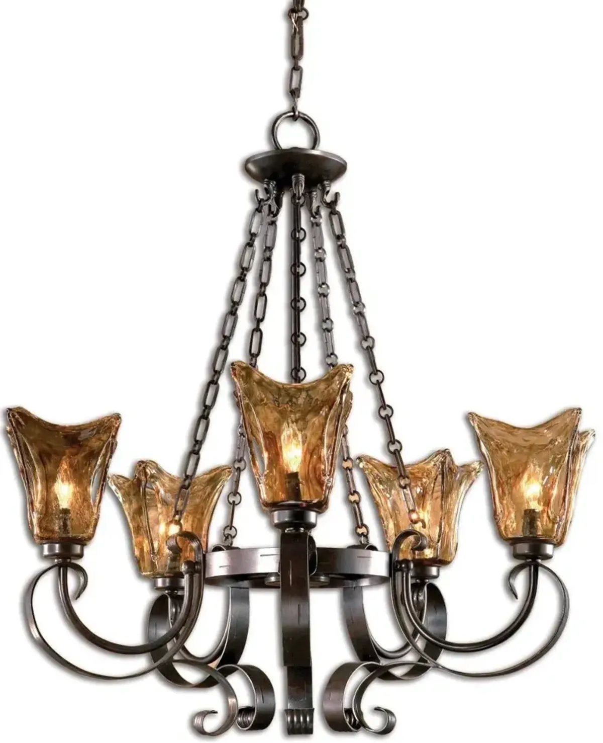 Uttermost Elegant Wrought Iron Chandelier with Amber Glass Shades