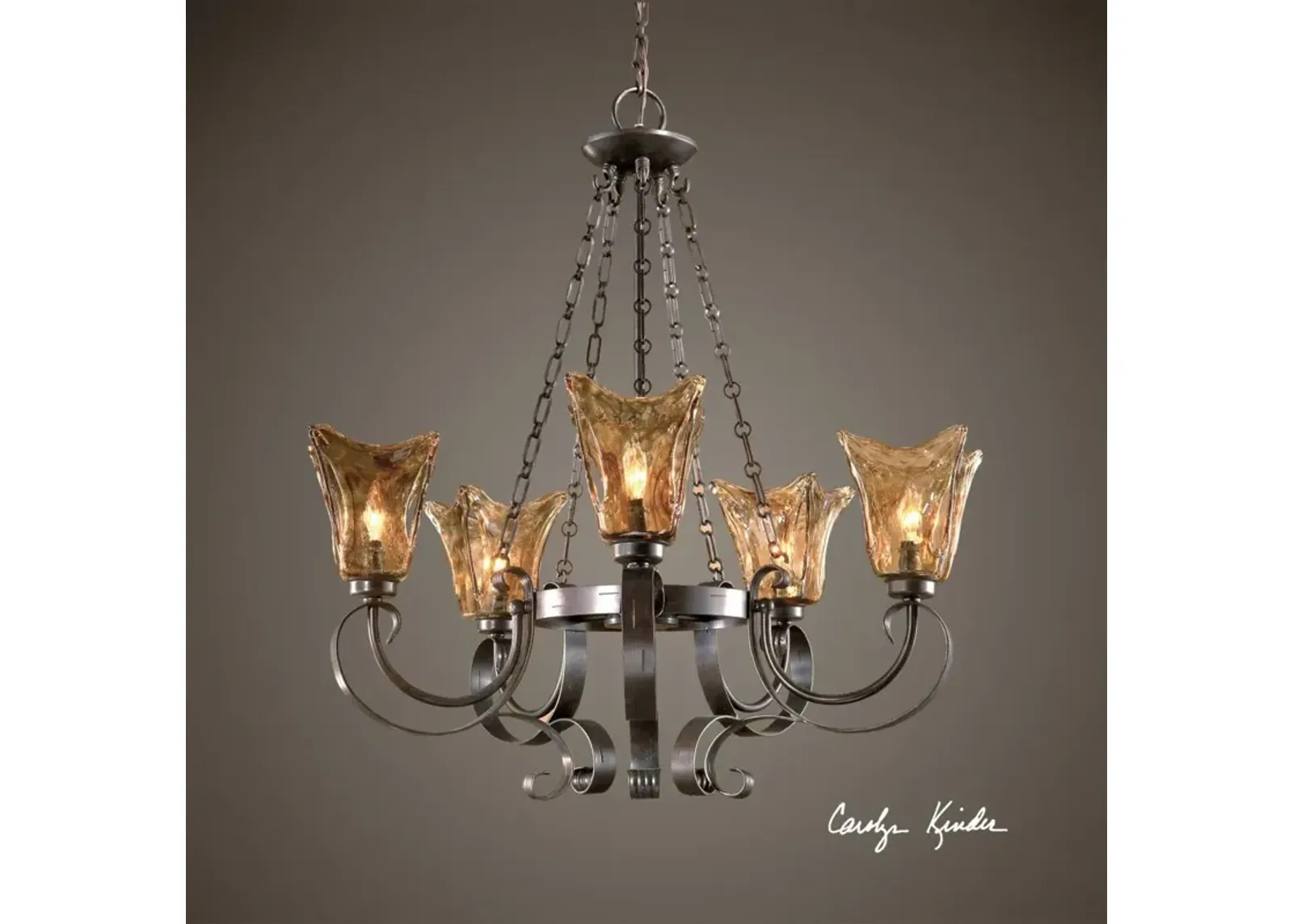 Uttermost Elegant Wrought Iron Chandelier with Amber Glass Shades