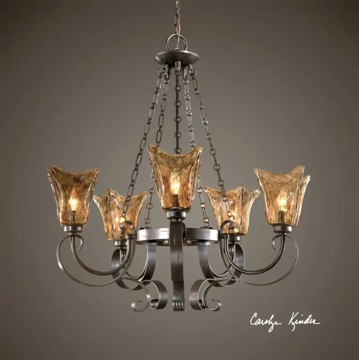 Uttermost Elegant Wrought Iron Chandelier with Amber Glass Shades