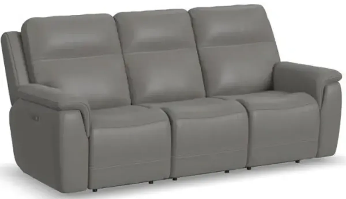 Flexsteel Sawyer Grey Leather Power Reclining Sofa with Power & Lumbar