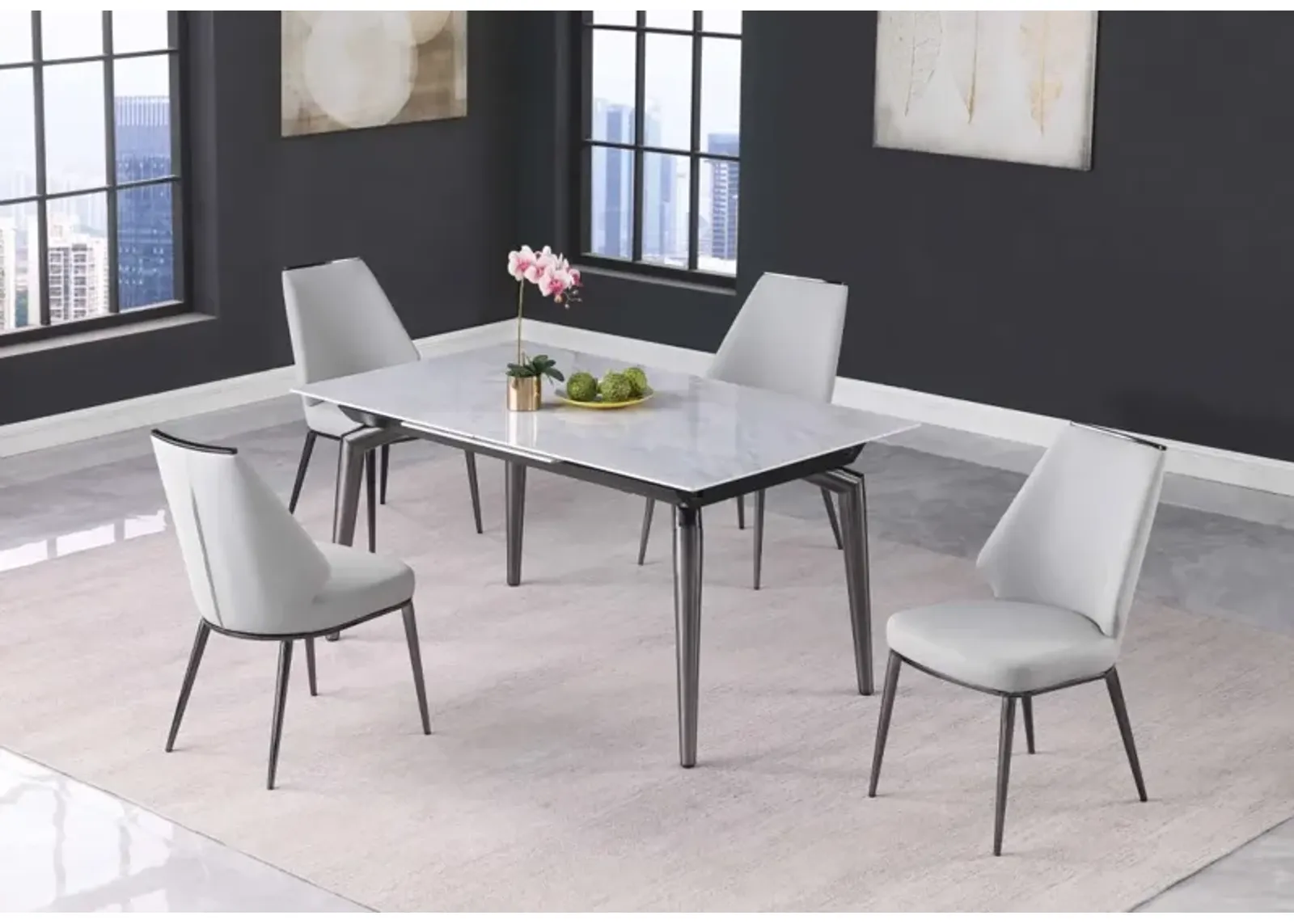 Chintaly Tabatha Dining Set with Extendable Sintered Stone Table & Curved Back Side Chairs