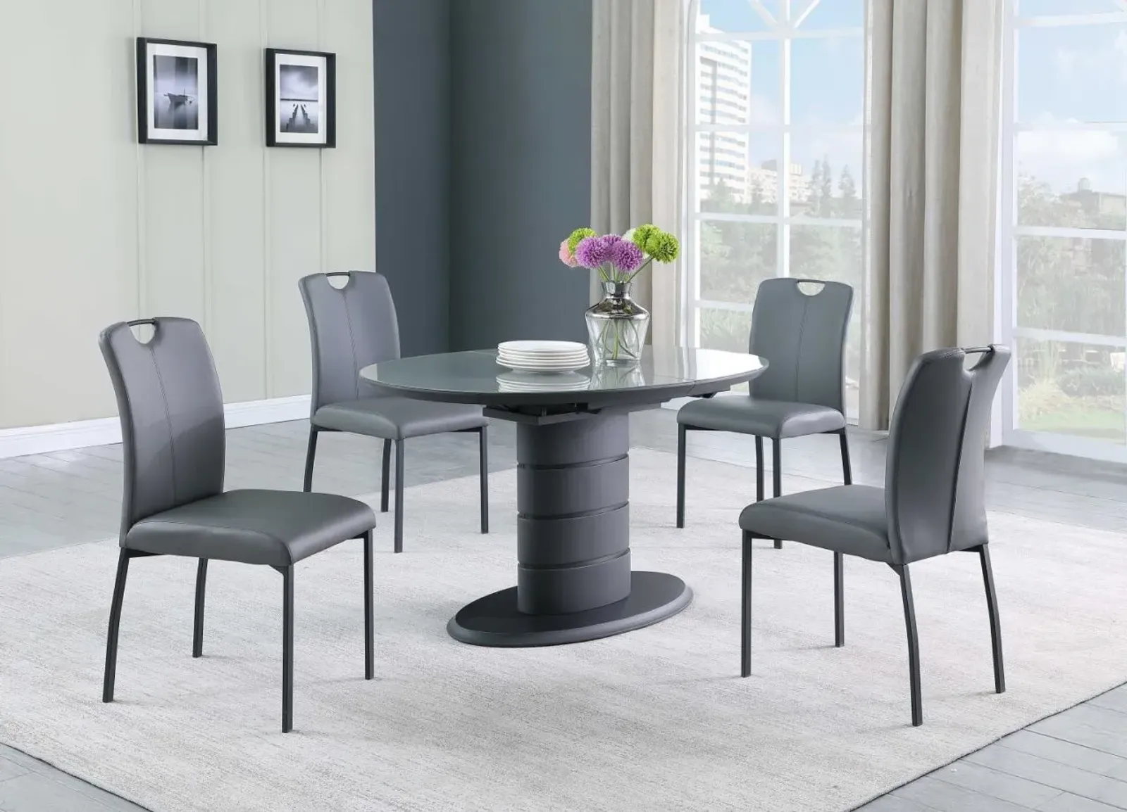 Chintaly Kendra Dining Set with Extendable Top Art Deco Base & 4 Handle Back Chairs