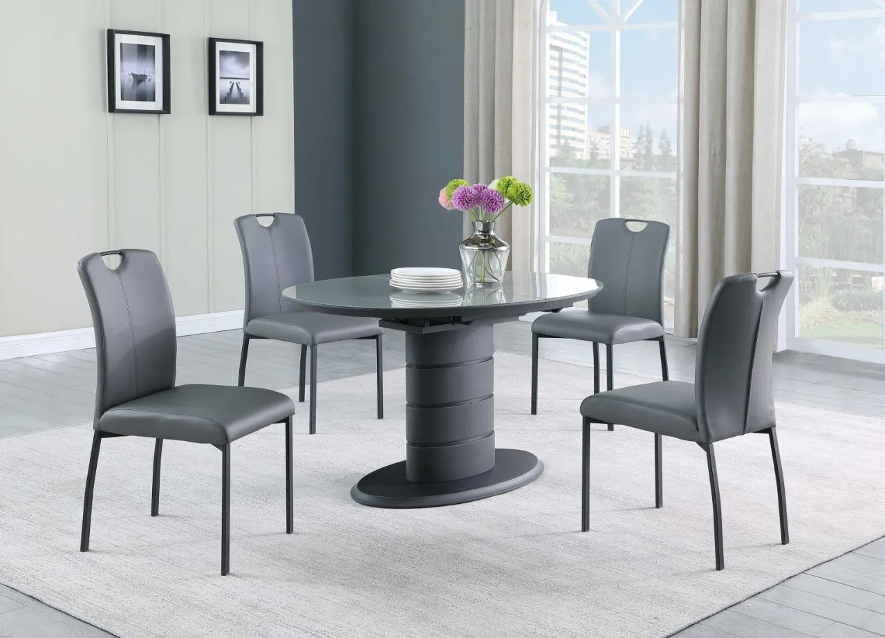 KENDRA DINING SET WITH EXTENDABLE TOP, ART DECO BASE & 4 HANDLE BACK CHAIRS