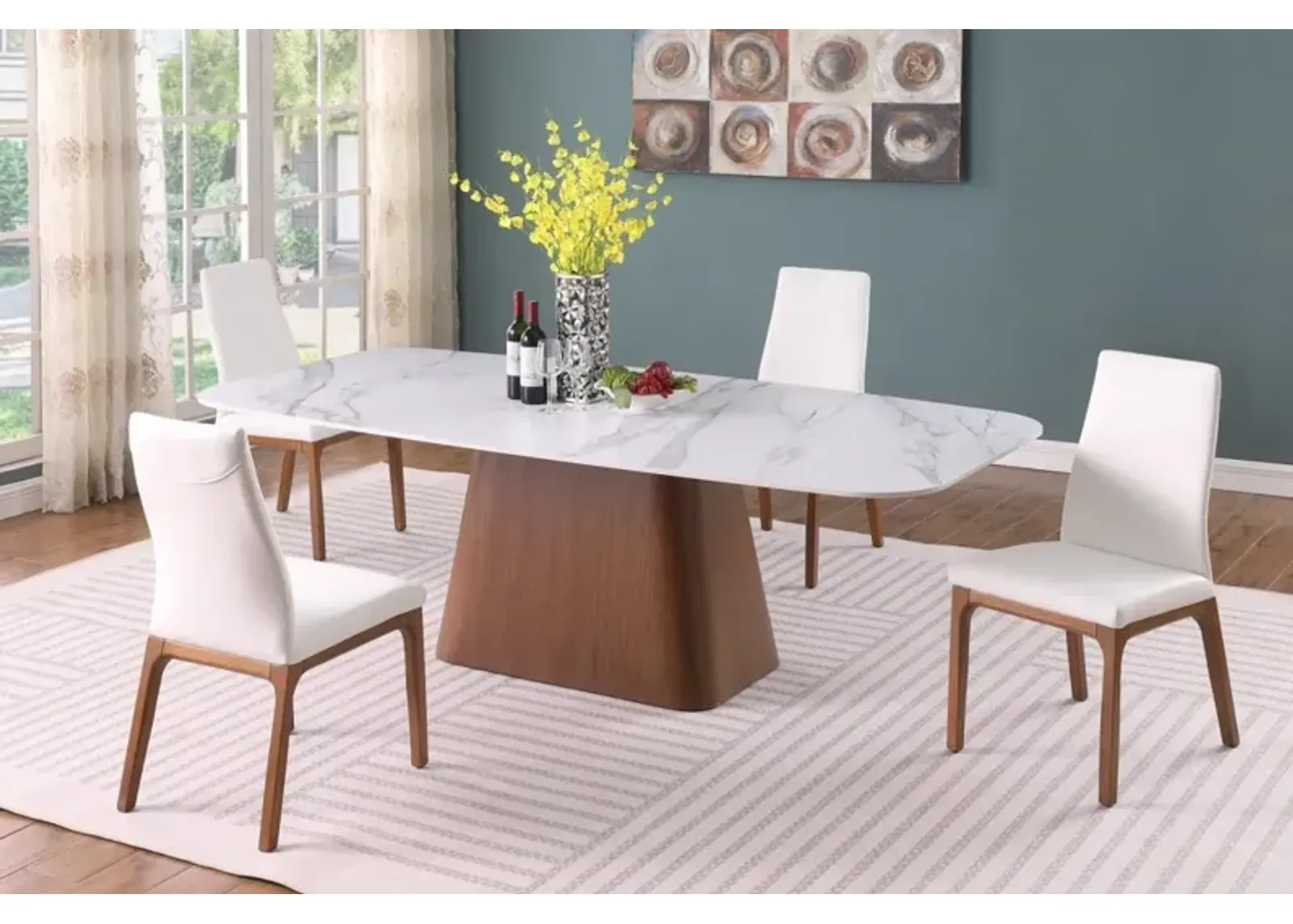 Chintaly Kenza White Modern Marbleized Sintered Stone Top Dining Table & Solid Wood Chairs