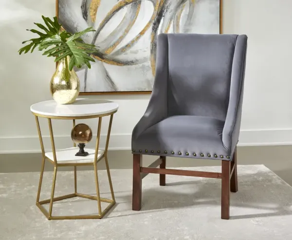 MINA WHITE MARBLE TOPPED ACCENT SIDE END TABLE WITH OPEN MARBLE SHELF AND GOLD HOUR GLASS FRAME