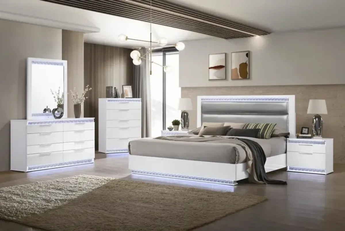 Chintaly Moscow Modern Upholstered Gloss White King Bed with Led Lights