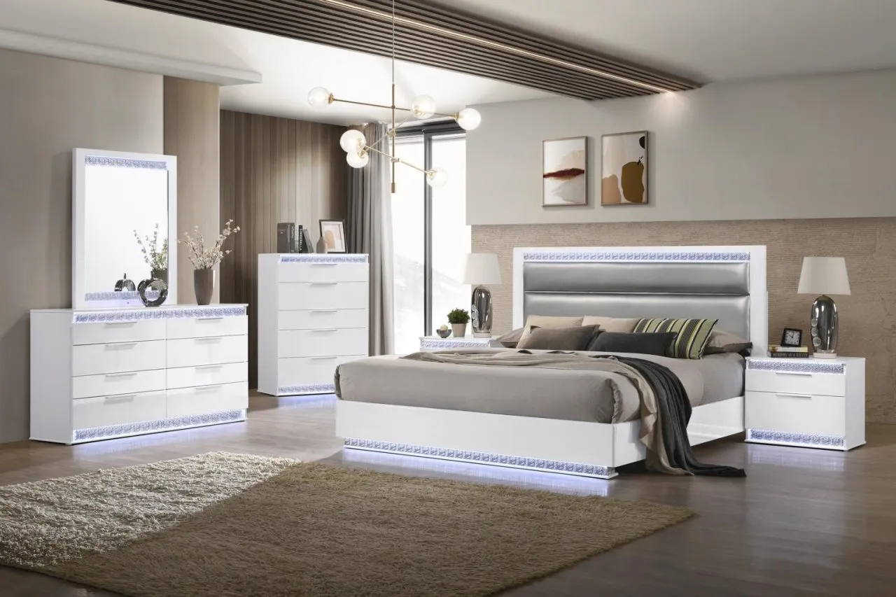 MOSCOW MODERN UPHOLSTERED GLOSS WHITE KING BED WITH LED LIGHTS