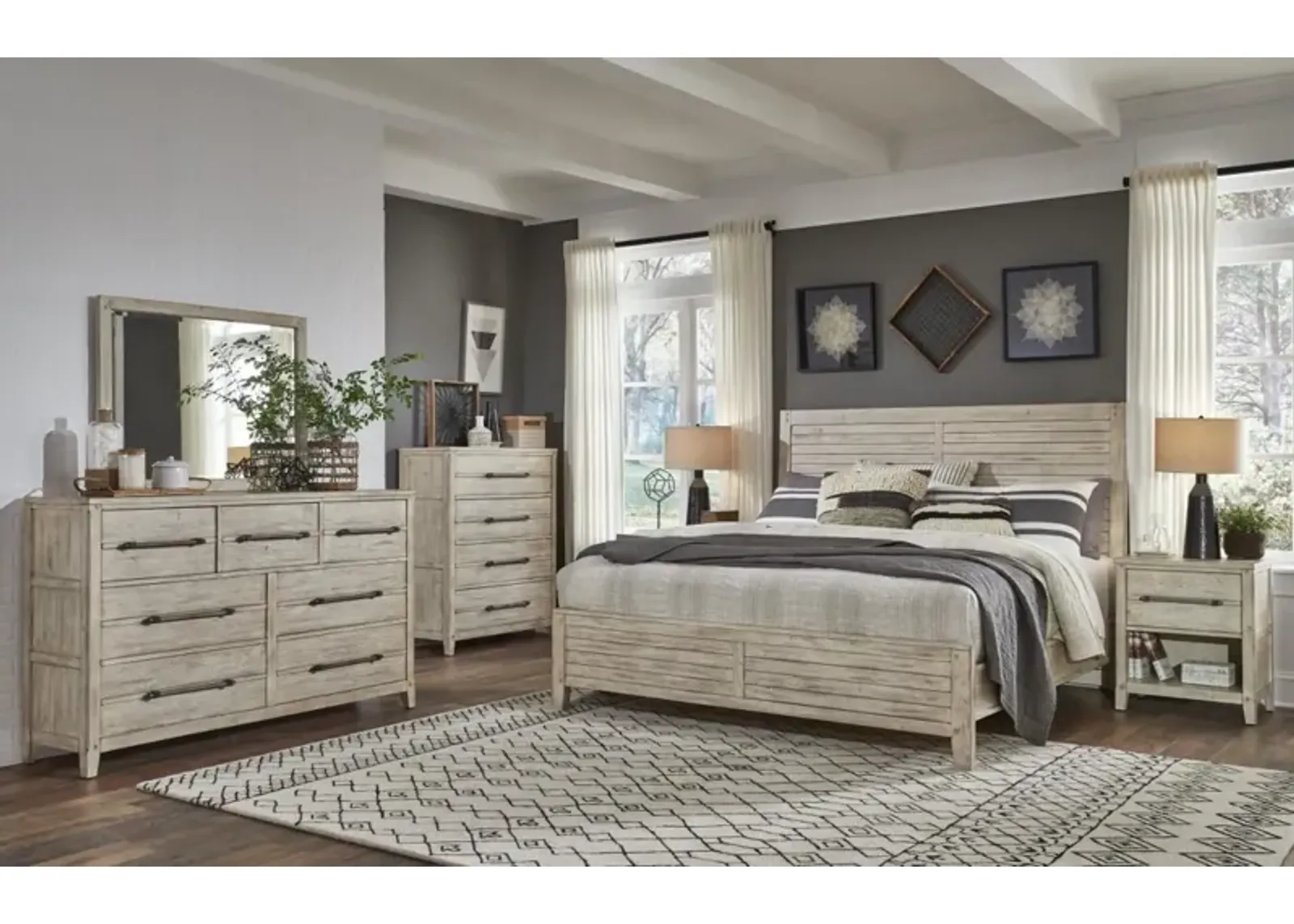 American Woodcrafters Complete Queen Bedroom Set Panel Bed, Dresser & Mirror Whitewash Aurora