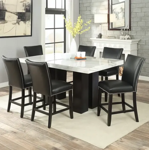 Steve Silver Rectangle 7-Piece Camila White Marble Counter-Height Table & 6 Black Faux-Leather Chairs Set
