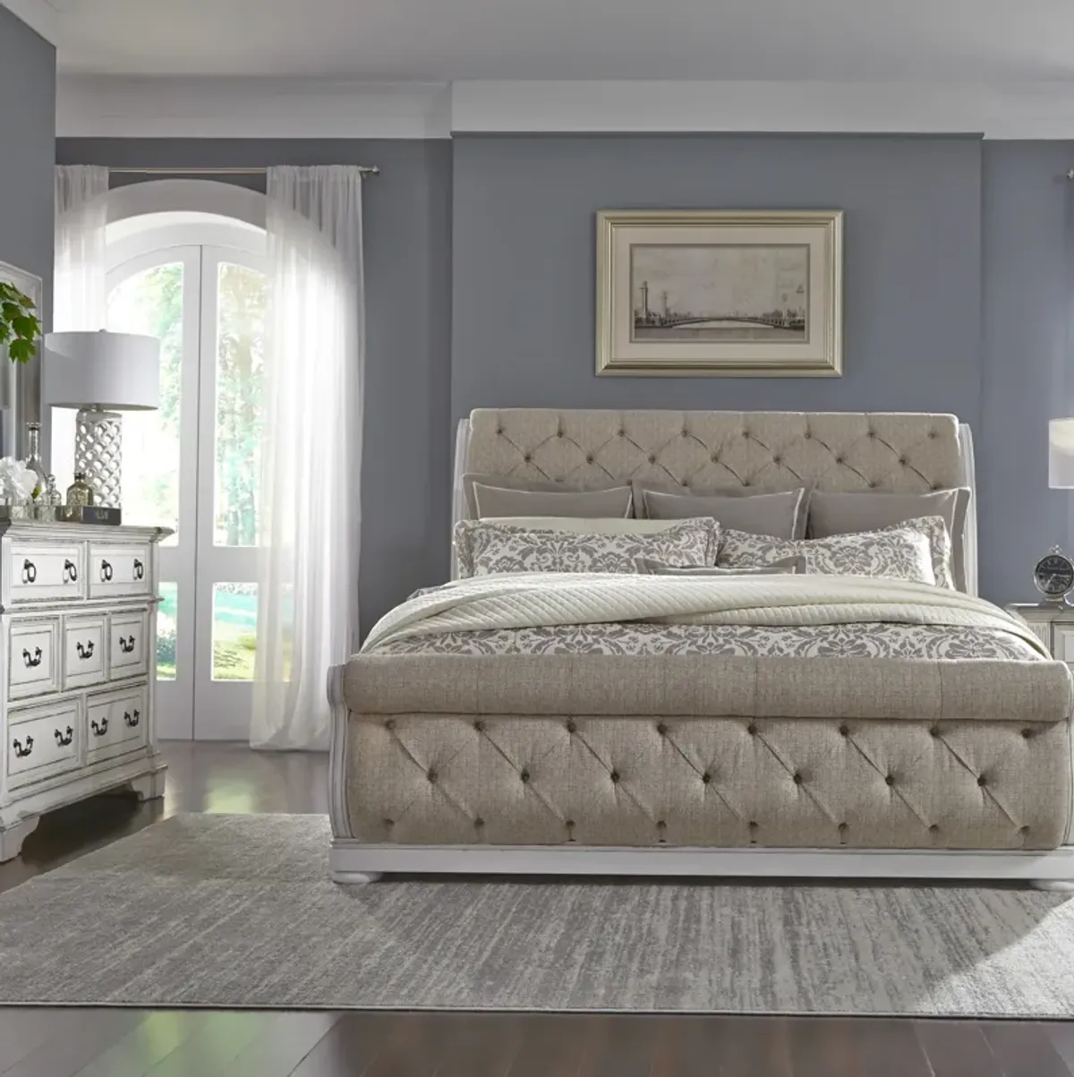 Complete Queen Bedroom Set - Upholstered Sleigh Bed, Dresser & Mirror - Abbey Park