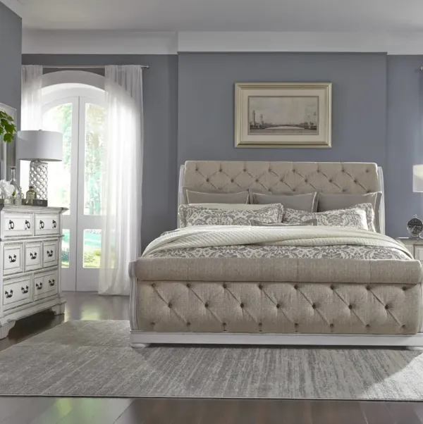 Liberty Furniture Complete Queen Bedroom Set Upholstered Sleigh Bed, Dresser & Mirror Abbey Park