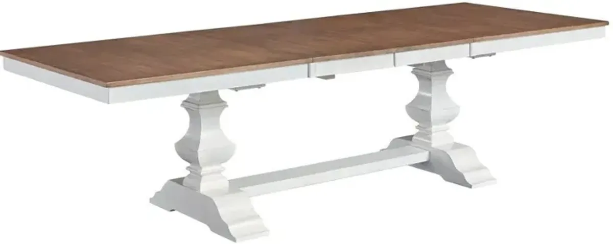 John Thomas Vista Extension Table Top & Banks Trestle Base in Hickory & Shell