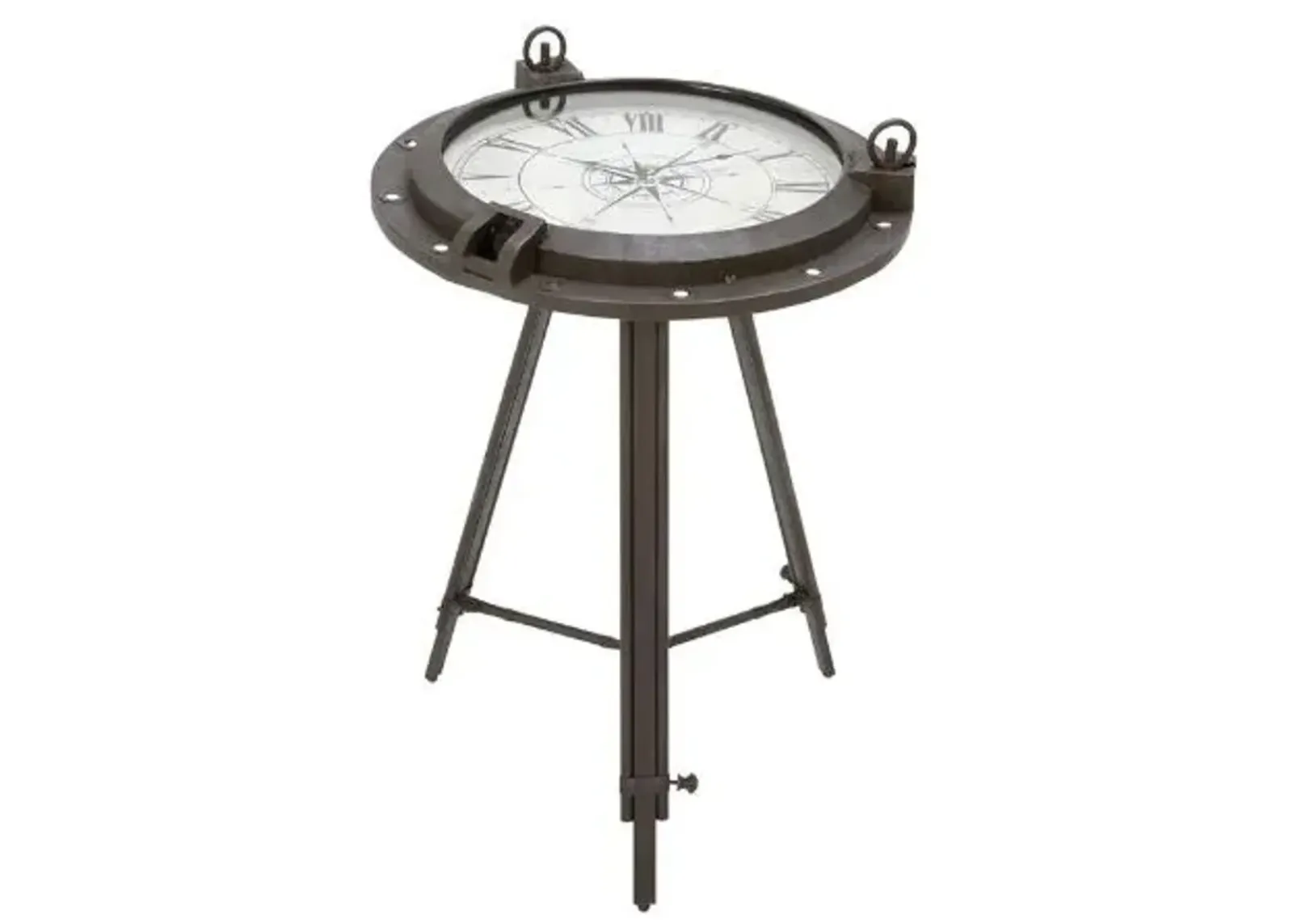 UMA Home Decor Black Metal Compass Accent Table with Clock & Clear Glass Top