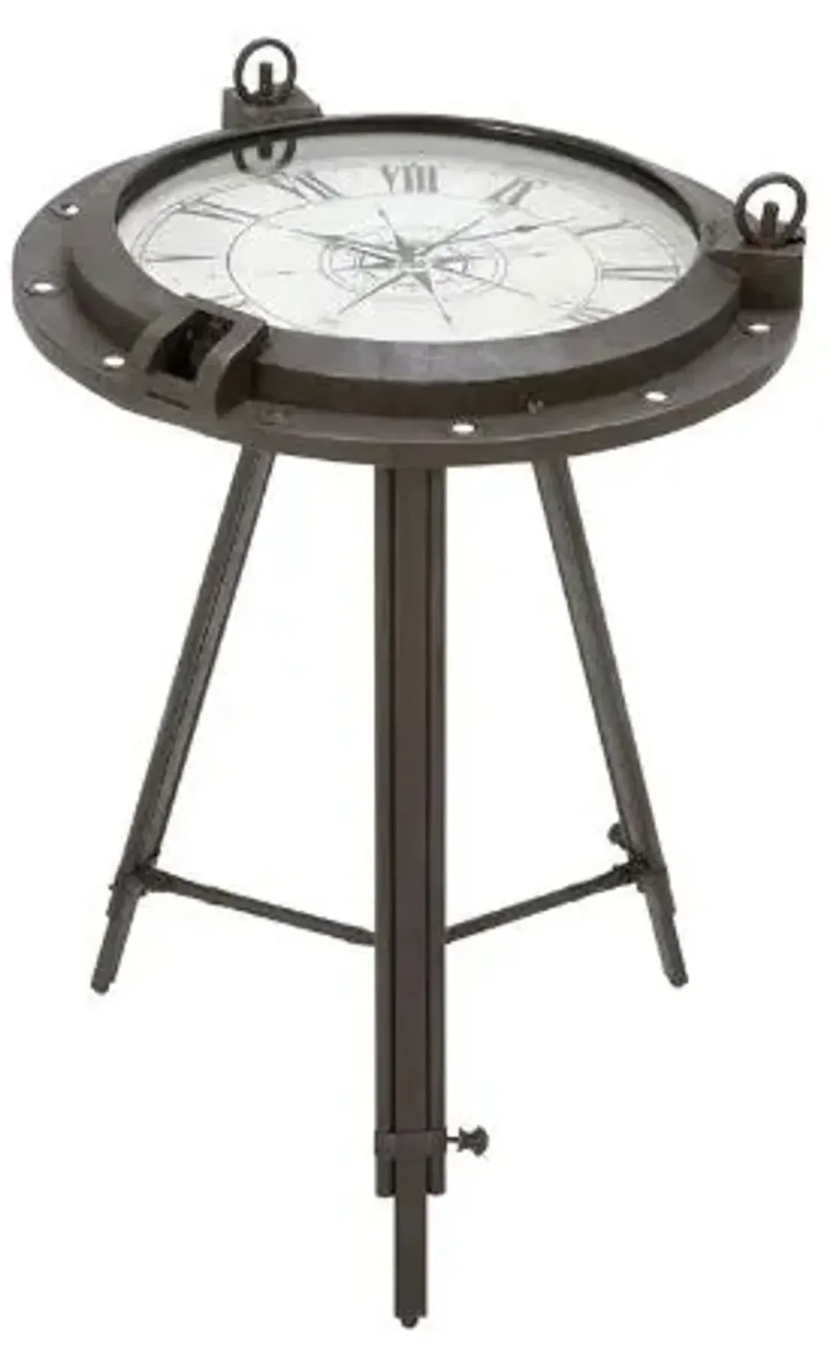 UMA Home Decor Black Metal Compass Accent Table with Clock & Clear Glass Top