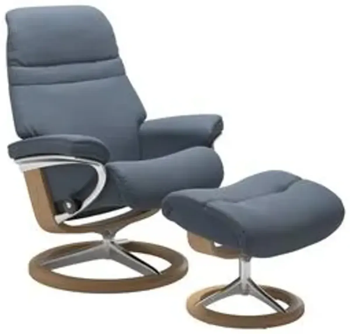 Stressless Sunrise Small Signature Base Chair & Ottoman in Paloma Sparrow Blue Leather with White Wash Finish