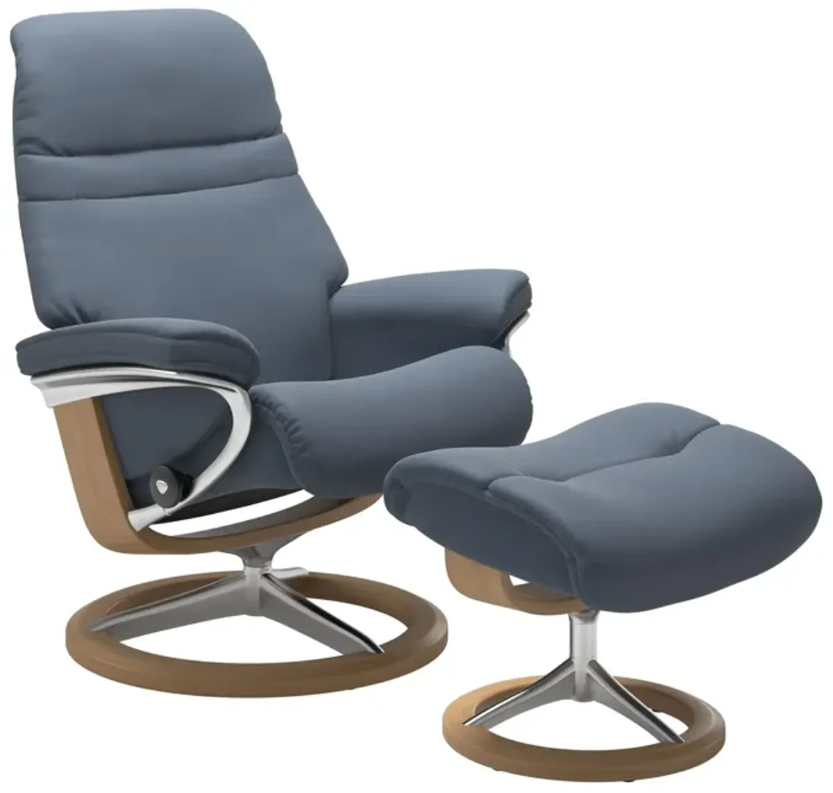 Stressless Sunrise Small Signature Base Chair & Ottoman in Paloma Sparrow Blue Leather with White Wash Finish