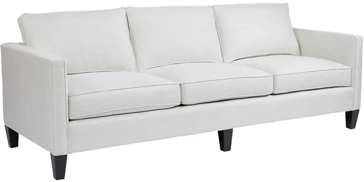 Universal Harrison Modern Sofa Body in Carolina Ivory Pillows in Juno Black & Paxton Classic Onyx Leg Finish Standard Uniblend Seat Cushion Cores