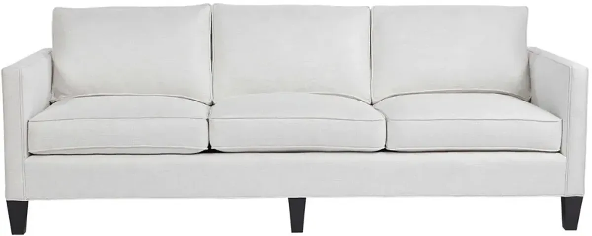 Universal Harrison Modern Sofa Body in Carolina Ivory Pillows in Juno Black & Paxton Classic Onyx Leg Finish Standard Uniblend Seat Cushion Cores