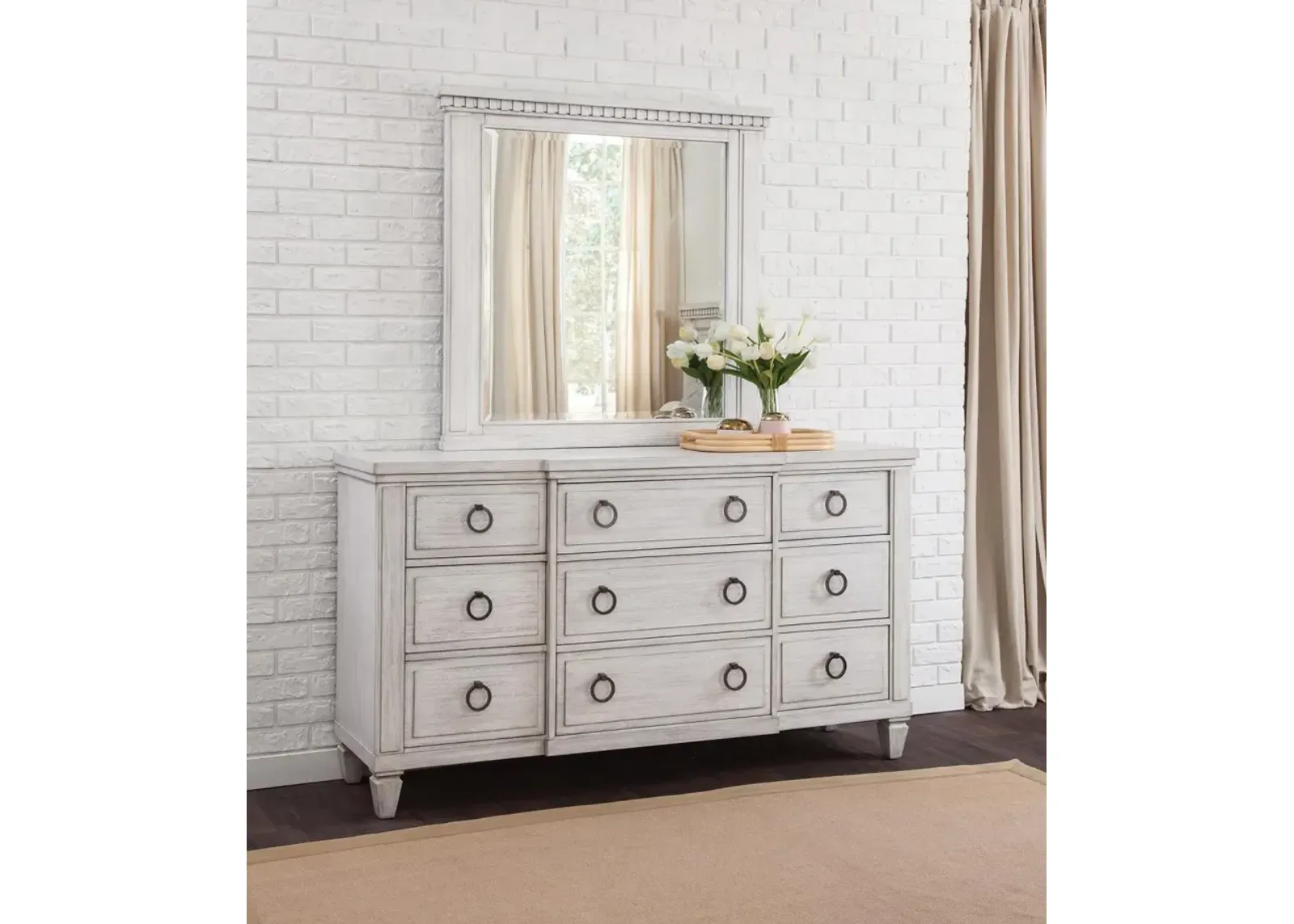 American Woodcrafters Complete Queen Bedroom Set Panel Bed, Dresser & Mirror White Grain Salter Path