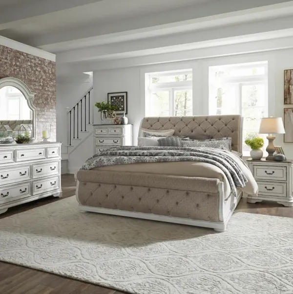 Liberty Furniture Complete Queen Bedroom Set Upholstered Sleigh Bed, Dresser, Mirror, Chest & Nightstand Magnolia Manor