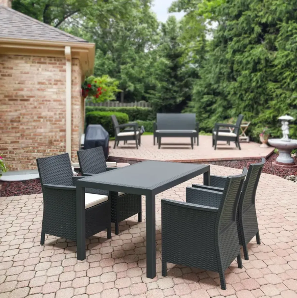 Compamia California Wickerlook Rectangle Outdoor Dining Set 5-Piece Dark Gray with Sunbrella Natural Cushion