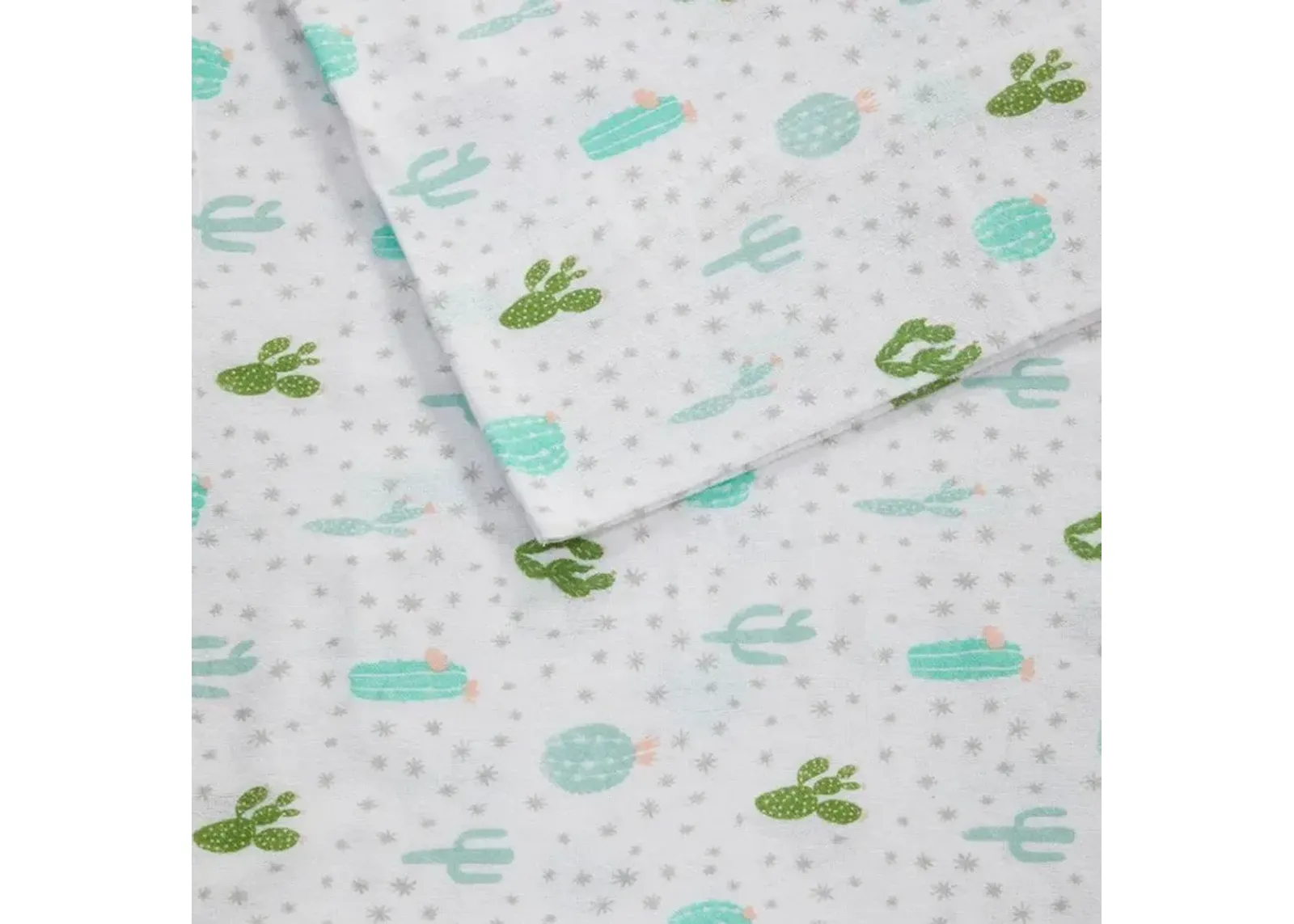 Olliix Intelligent Design Twin Green Cactus Cozy Soft Cotton Novelty Print Flannel Sheet Set