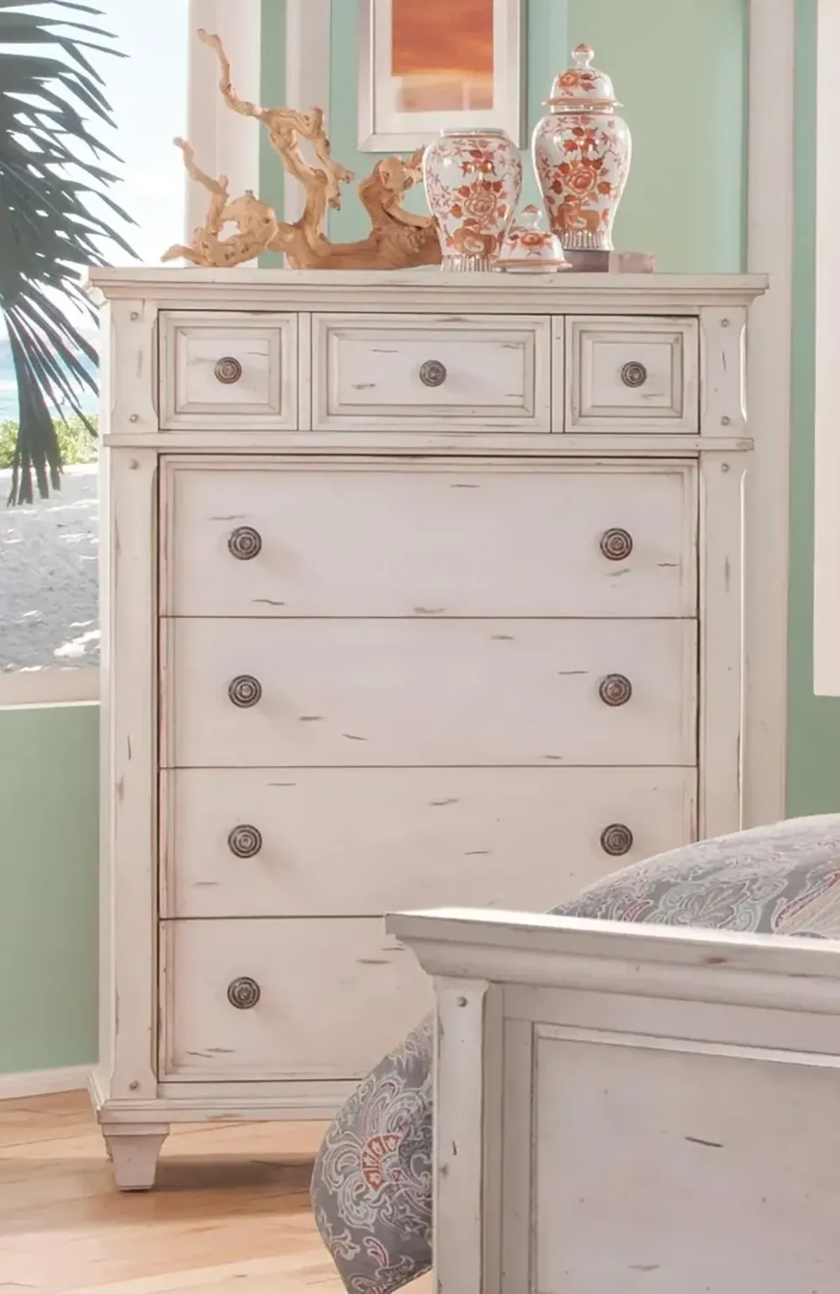 American Woodcrafters Complete Queen Bedroom Set Panel Bed, Dresser, Mirror, Chest & Nightstand Cobblestone White Sedona