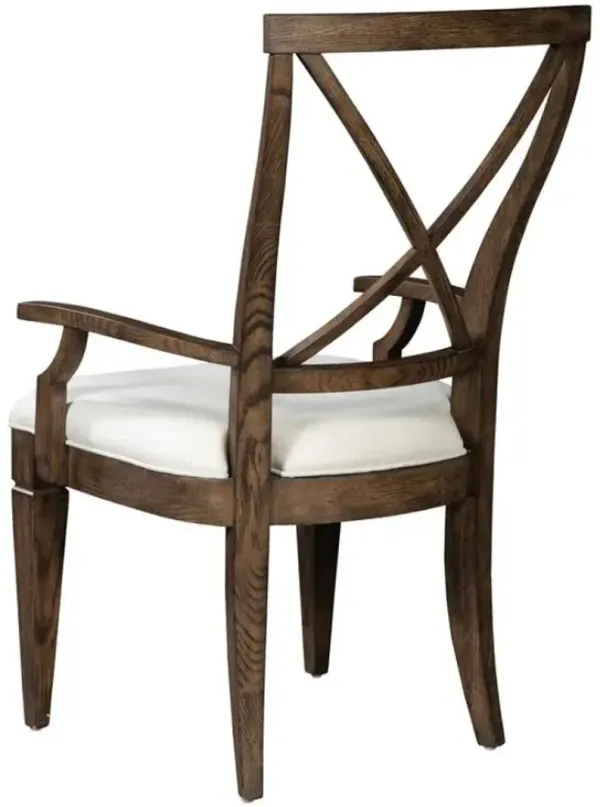 Hekman Elegant Cross-Back Wooden Armchair with Plush Ivory Seat Cushion in Weathered Oak Finish