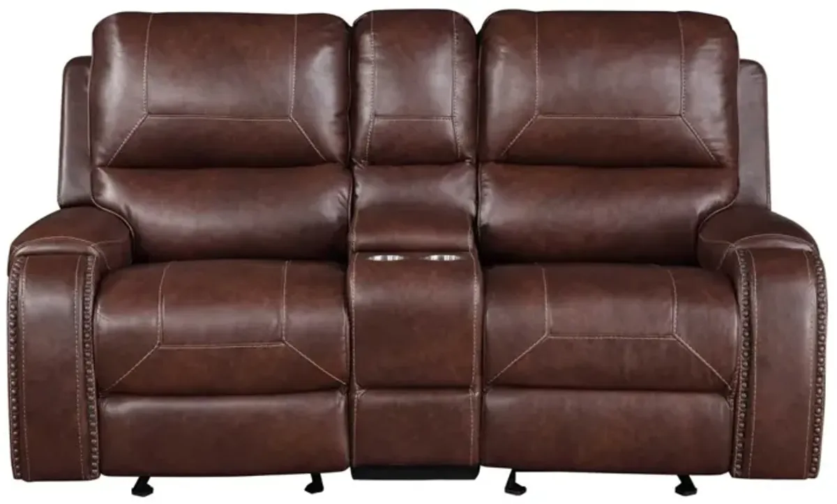 Steve Silver Keily Manual Glider Reclining Loveseat In Brown With Antiqued Brass Nailhead Trim