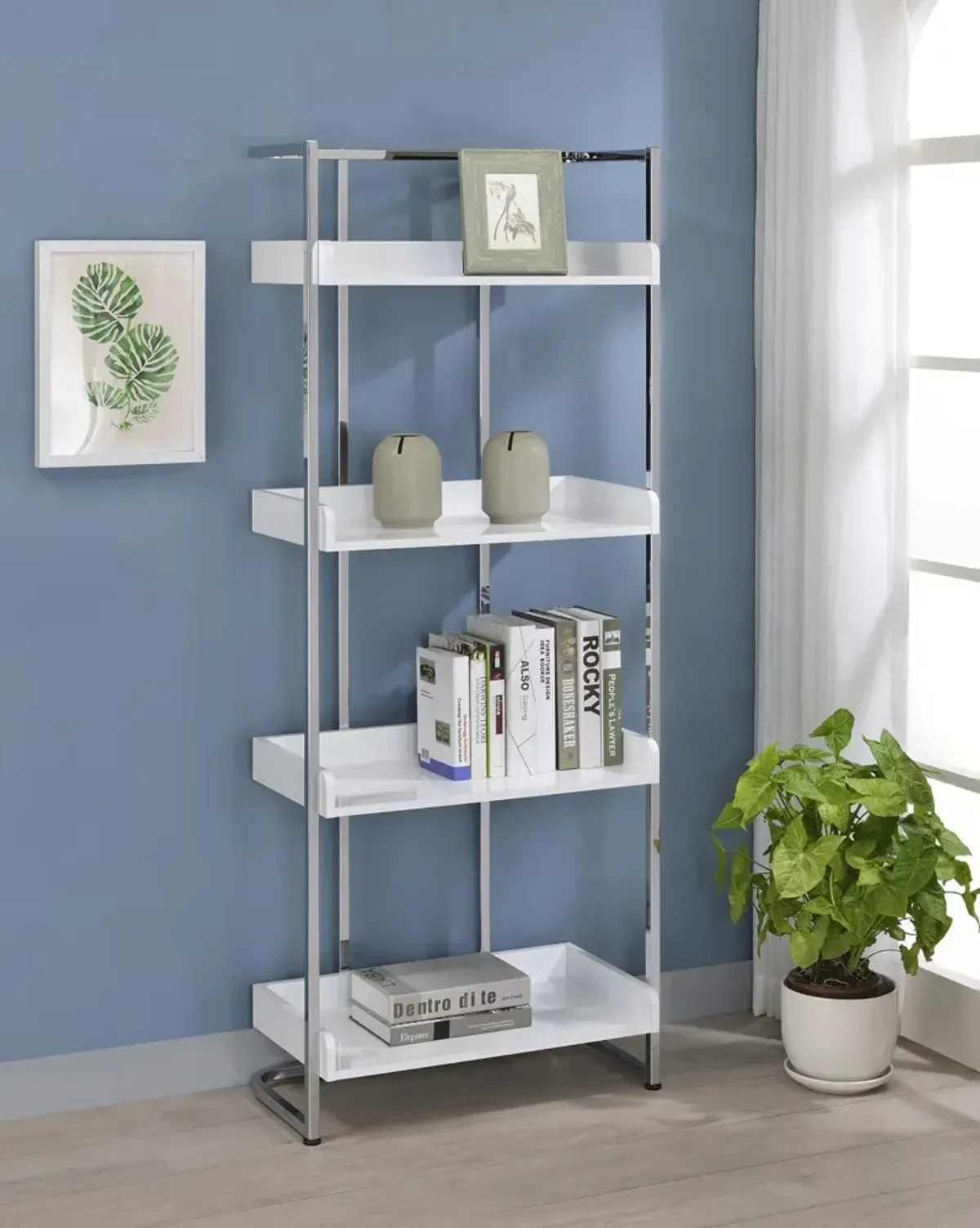 Coaster Ember 68 Inch 4-Shelf Bookshelf White High Gloss & Chrome