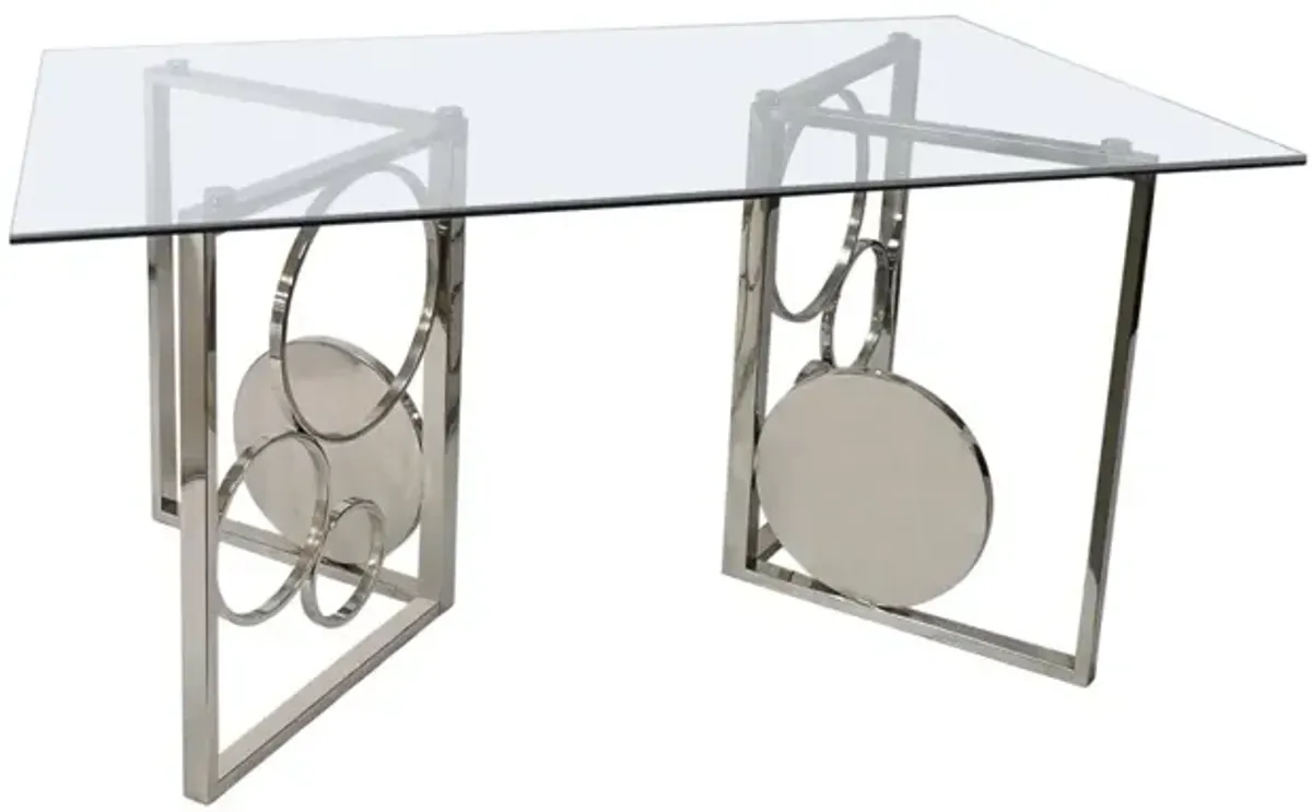 Chintaly Bruna Contemporary 60 Inch Glass Top Dining Table with Dual Steel Base Set