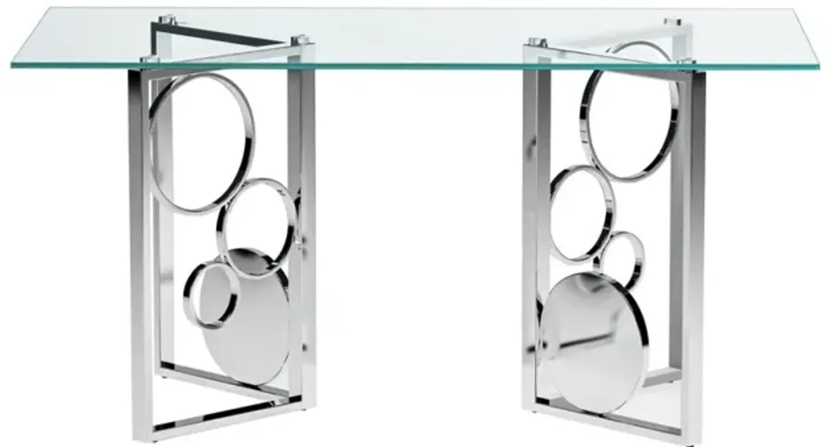 Bruna Contemporary 60 Inch Glass Top Dining Table with Dual Steel Base Set