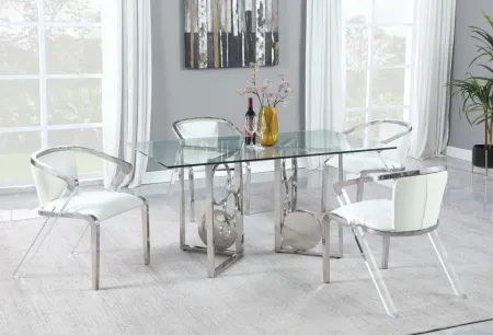 BRUNA CONTEMPORARY GLASS TOP DINING TABLE WITH DUAL STEEL BASE SET
