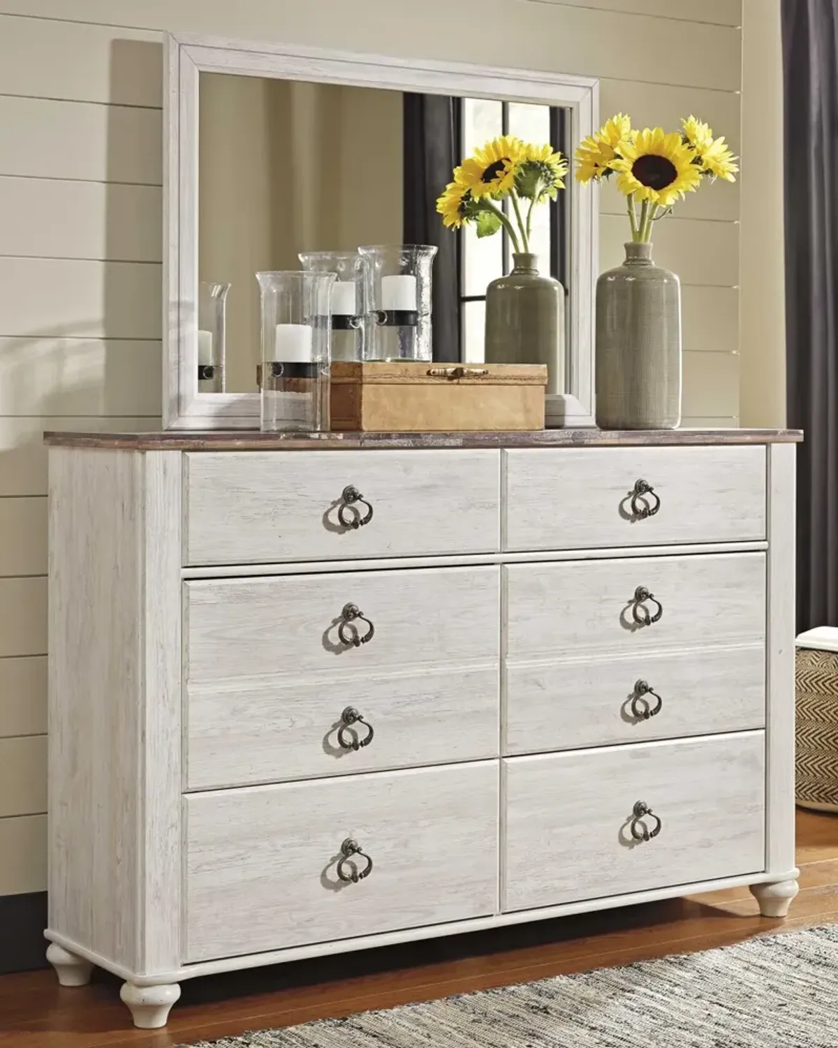 Ashley Willowton Dresser & Mirror 6-Drawer Whitewash