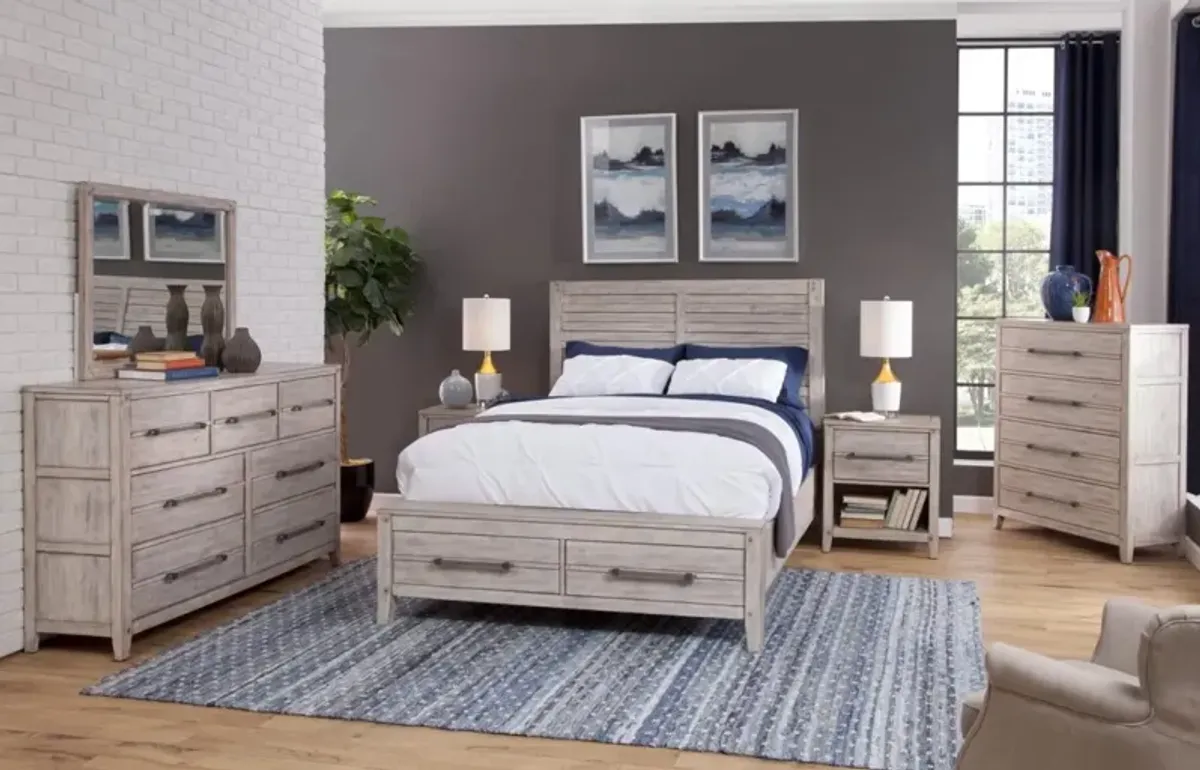 AURORA WHITEWASH 3-PIECE BEDROOM SET - QUEEN PANEL BED WITH STORAGE FOOTBOARD, DRESSER & MIRROR