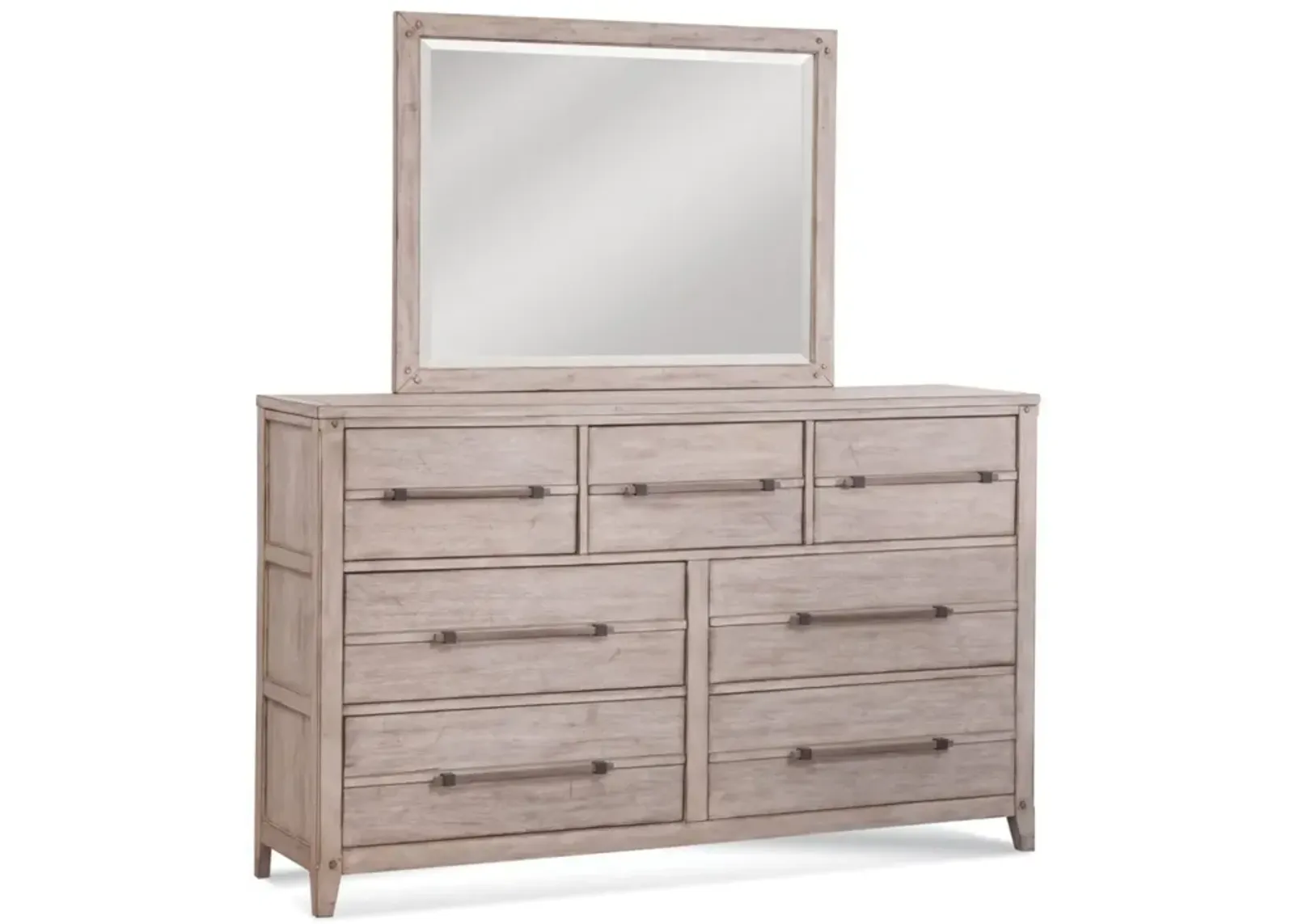 AURORA WHITEWASH 3-PIECE BEDROOM SET - QUEEN PANEL BED WITH STORAGE FOOTBOARD, DRESSER & MIRROR